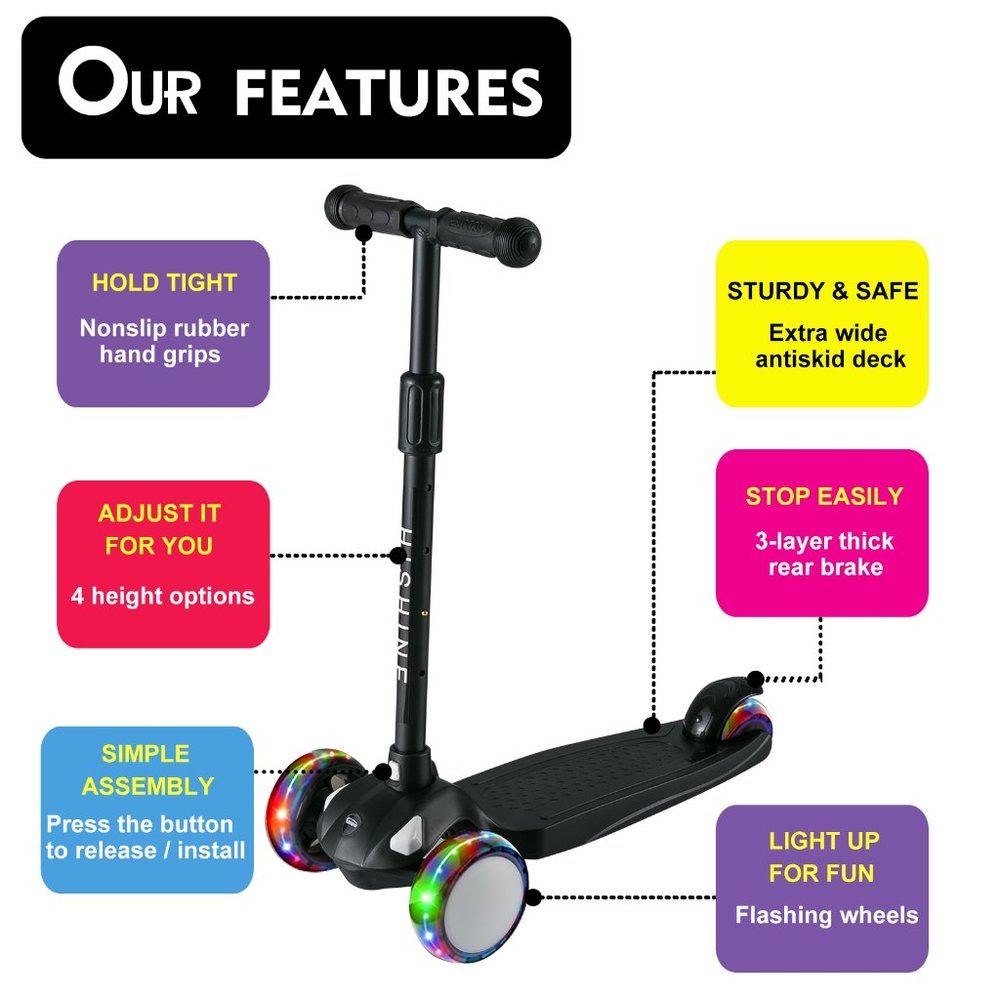 Hishine Kick Scooter for Kids with 3 Light Up Wheels and Adjustable Height for 2